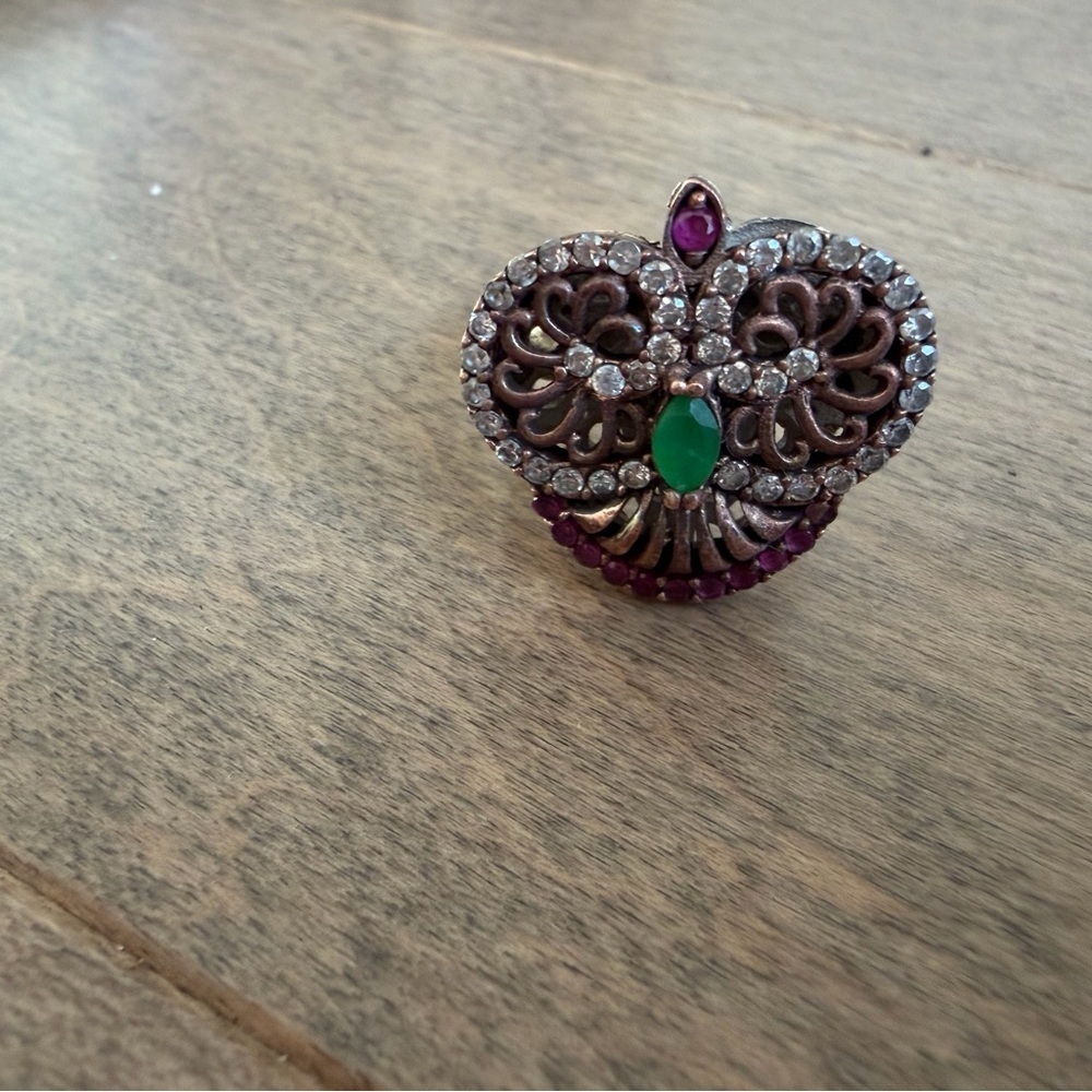 Antique Sterling Silver Owl Earrings and Ring Set with rubies and emerald - Picture 7 of 10